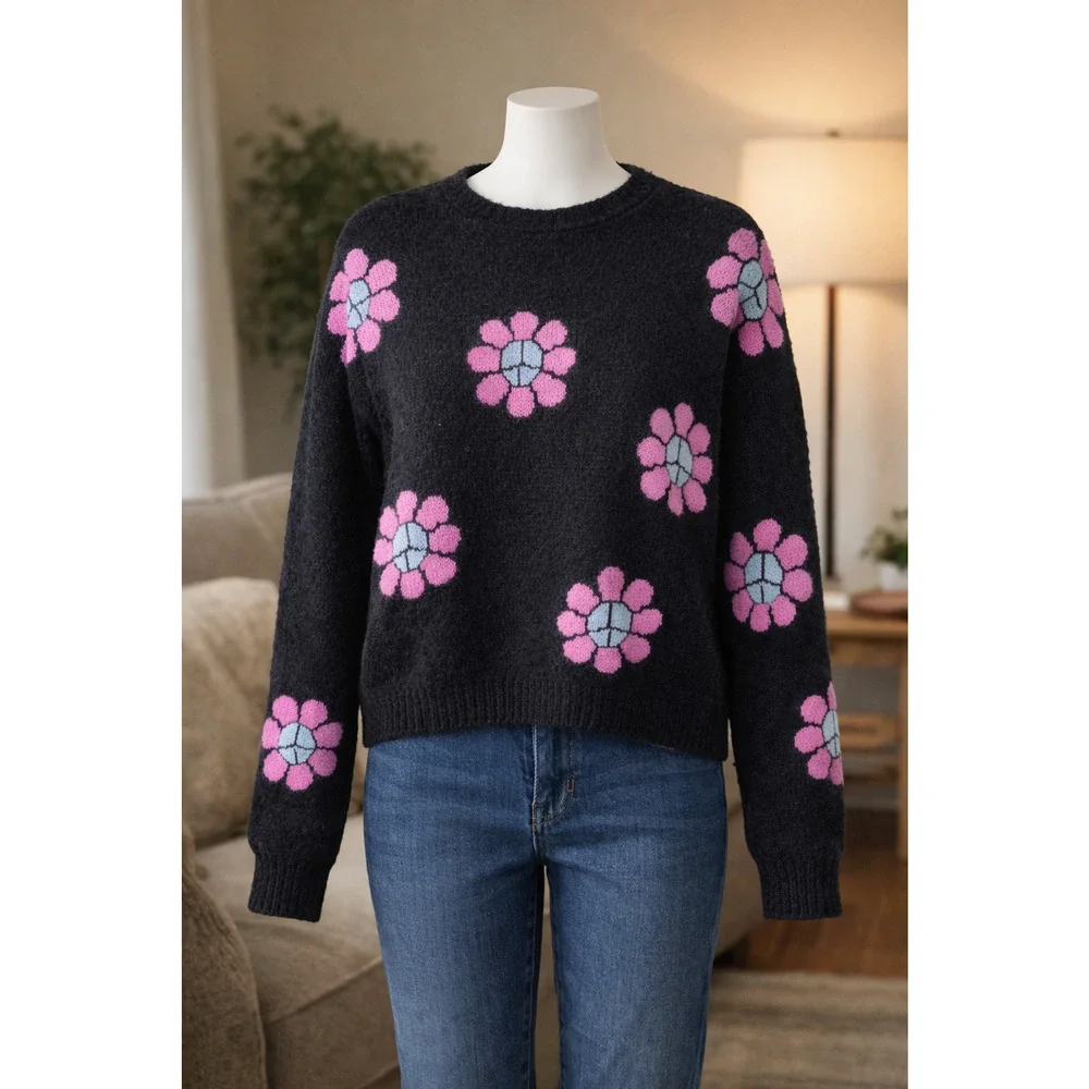 Justice Girls XL Plus 16 18 Black Floral Fuzzy Knit Sweater Pink